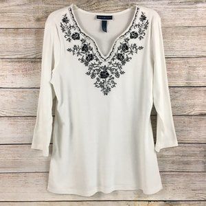 Karen Scott Tunic 3/4 Sleeve Floral Embroidered Top